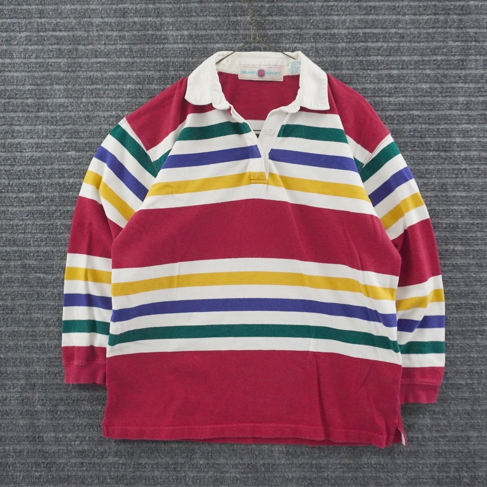 Vintage 90s Milano Sport Rugby Shirt Mens L Multicolor Striped Long Sleeve